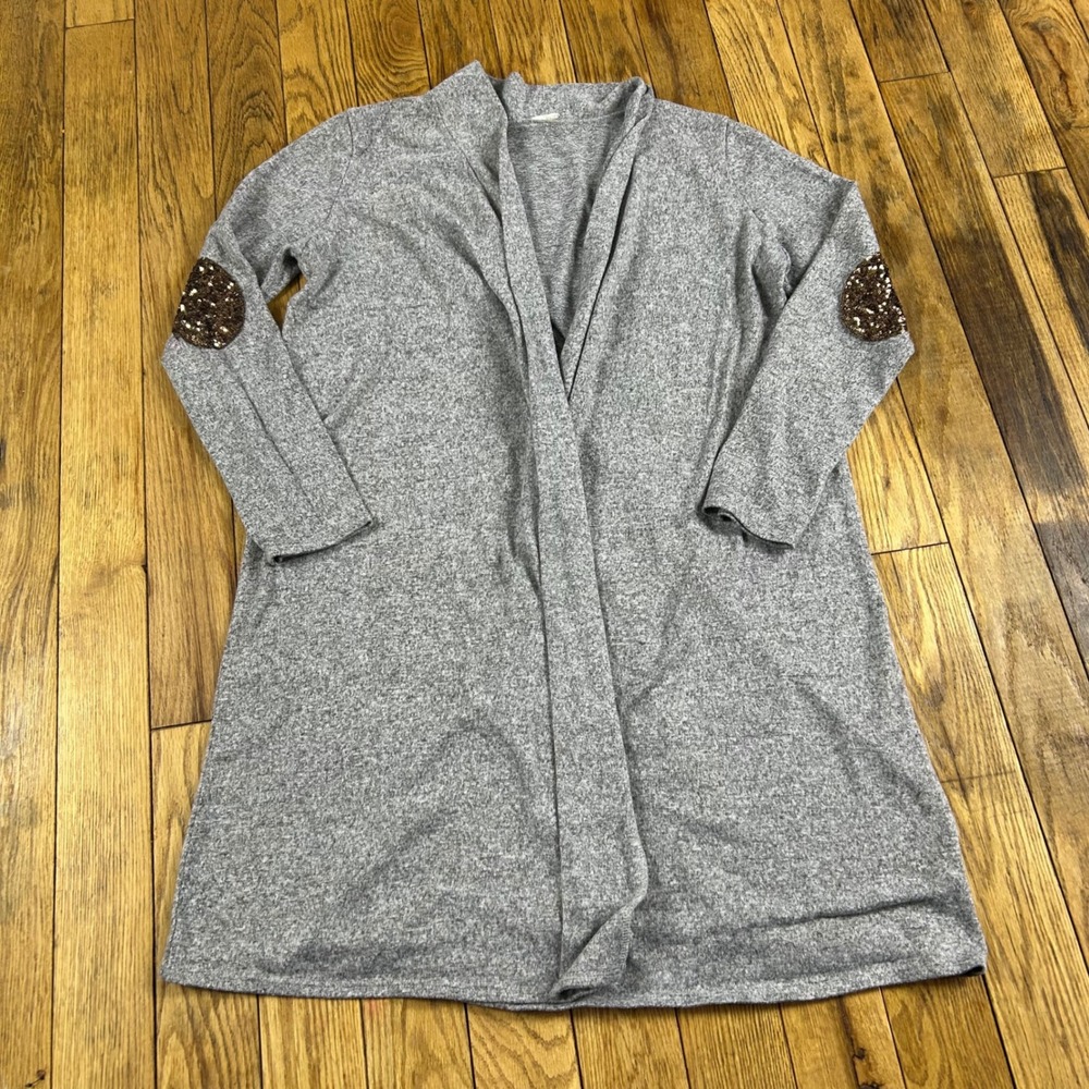 Pink Blush Grey Cardigan Sequin Elbow Patch Open Front Long Sleeve XL